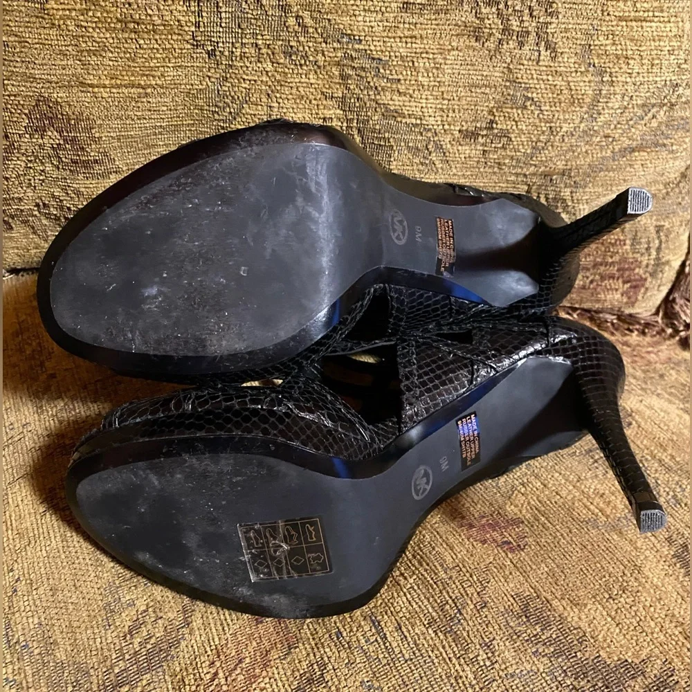 Michael Kors Black Trinity Platform Embossed Leather Strappy Heels platform 9